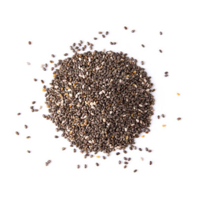 Chia seeds isolated with white background. top view